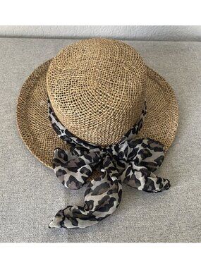 Cherokee Sun Beach Straw Hat w Cheeta Bow Short Brim Small Women's